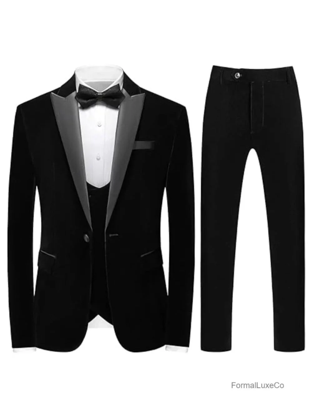 Men's Velvet 3 Piece Slim Fit Suit Set with Peaked Lapel, Vest & Pants